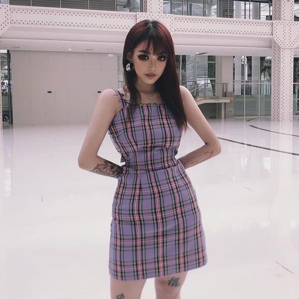 

harajuku women purple plaid dress gothic punk style sleeveless hollow out bow summer streetwear party slim mini dresses ljs5, Black;gray