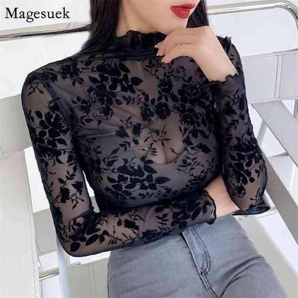 

long sleeve blouse shirts women transparent office lady blouses turtleneck embroidery floral female shirt 13026 210512, White