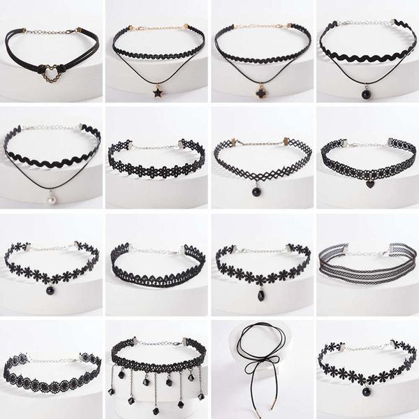 

net red collar, female choker, collarbone ornament, chain, lace short lace, neck fashion, Black