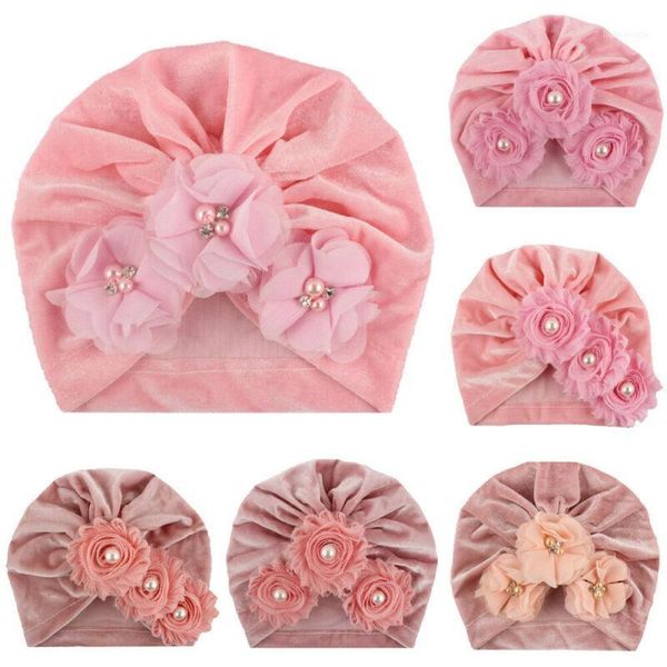 

cute born baby girls autumn winter velvet hats flower cap beanie hat turban1, Yellow