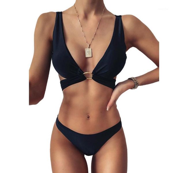 

women's ring bikini swimsuit two piece fashion double-sided plain color lace up bathing suit with chest pad swimwear, White;black