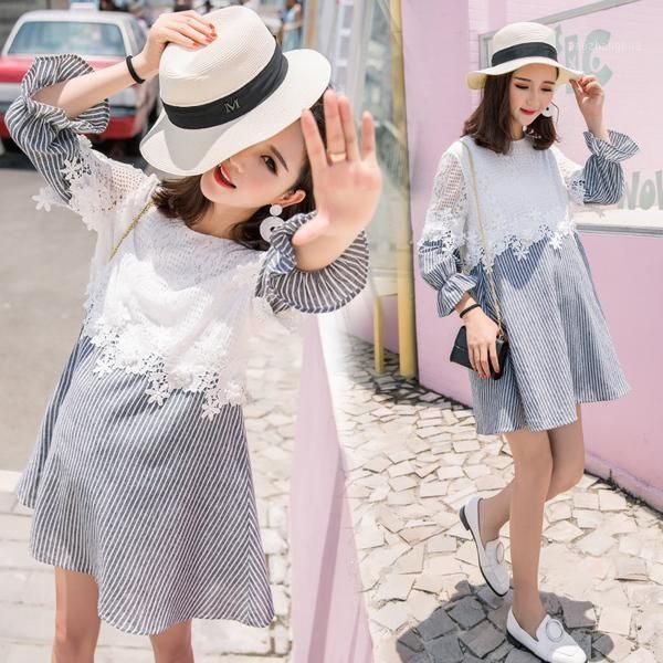 

1266# maternity dress spring autumn cotton stripe patchwork long sleeves loose stylish pregnant women mom dresses1, White