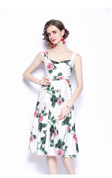 

eu rose printing dress fashion summer women's holiday wear spaghetti strap goddess dresses vintage style, Black;gray