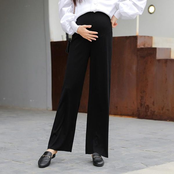 

maternity bottoms pregnant women's belly lift pants outer wear nine-quarter spring and autumn loose straight leg fashion wide-leg trou, White