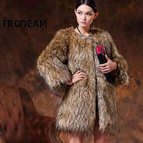 

women's fur & faux trodeam 2021 raccoon hair mid-length korean slim ladies coats furry thicken warm women jackets plus size, Black