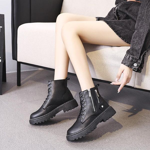 

boots women's autumn and winter 2021 british style lace-up flat motorcycle short knight, Black