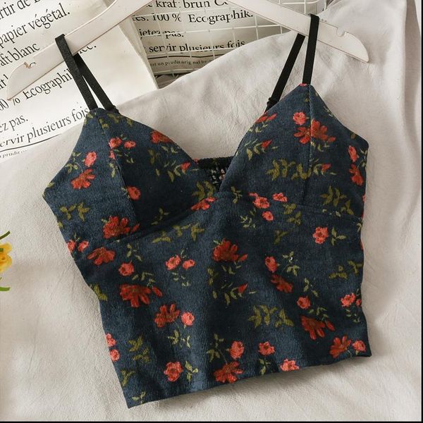 

backless floral print women camis party korean fashion v neck corduroy crop, White