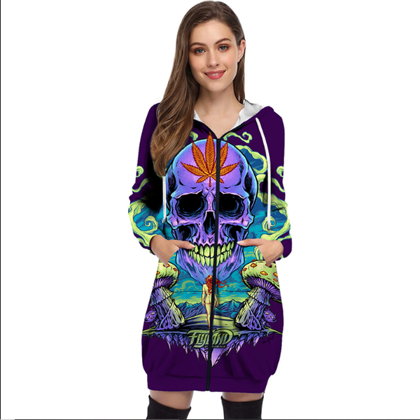 

Halloween ultra-avant-garde autumn and winter loose print street hipster hooded zipper cardigan mid-length coat sweater women, Tan;black