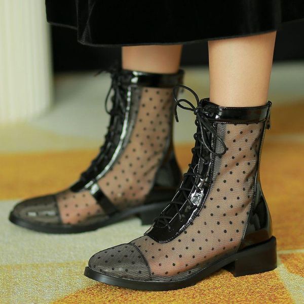 

boots agodor polka dot ankle booties square mid heel lace up women fashion summer zipper patent leather, Black