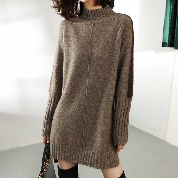 

casual dresses autumn winter cashmere sweater women's high neck split medium length thick lazy loose knitted dress with mu backing, Black;gray