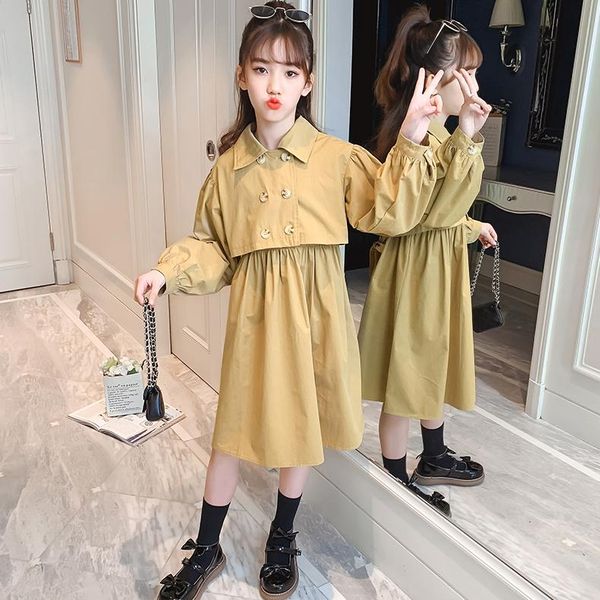 

coat teenage girls trench coats solid color kids long jackets with suits england style 2pcs outerwear, Blue;gray