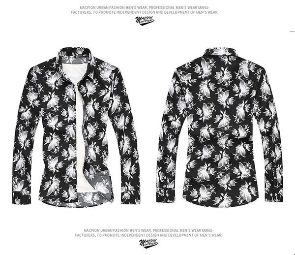 

hawaiian shirts for men plus size dress flower print shirt turn down collar long sleeve male camisa, White;black