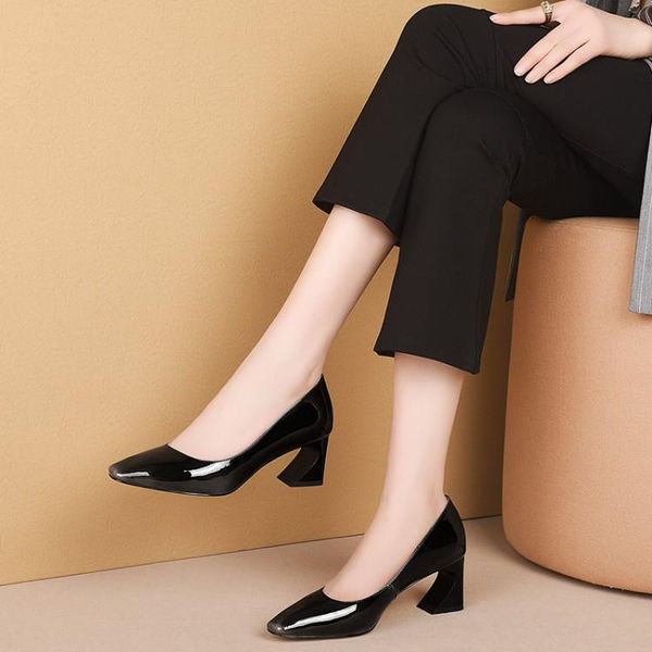 

dress shoes pxelena classic strange high heel women genuine patent leather shallow pumps 2021 autumn spring brand plus size 34-43, Black