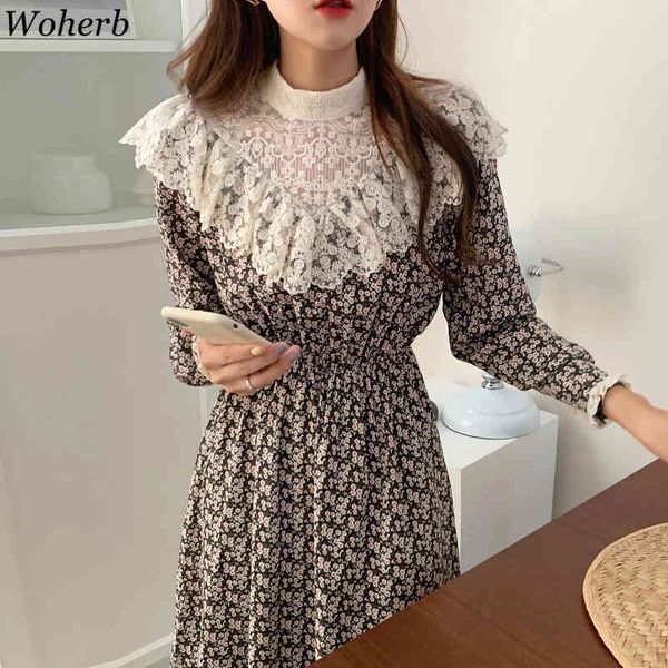 

elegant midi dress heavy lace hook floral patchwork robe femme rouppas half turtleneck print dresses slim waist vestidos 210417, Black;gray