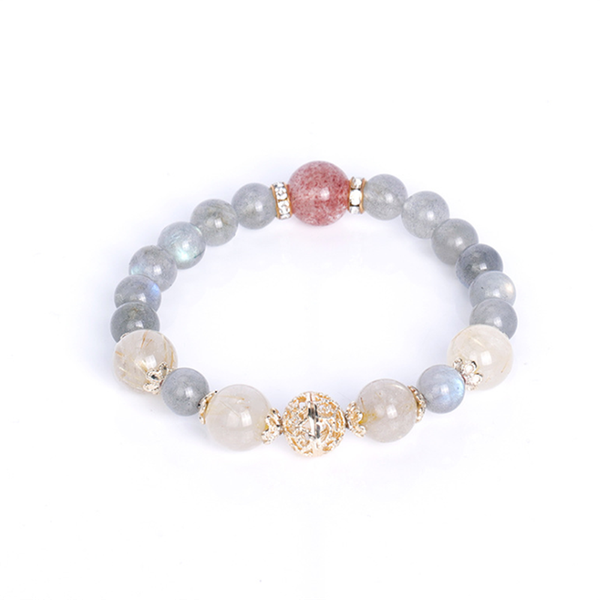 

beaded, strands moonstone bracelet with strawberry crystal bead for women girl natural stone bangles golden rutilated quartz jewelry accesso, Black