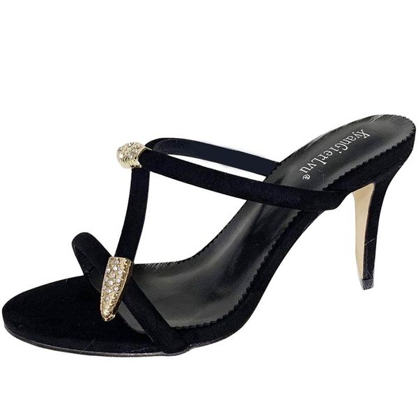 

kmeioo 2021 summer shoes woman metal decoration sandals slip-on high heels zapatos mujer, Black