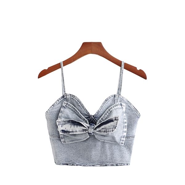 

women sweet v-neck denim zipper camis fashion ladies bow short streetwear female chic cotton 100% 210427, White