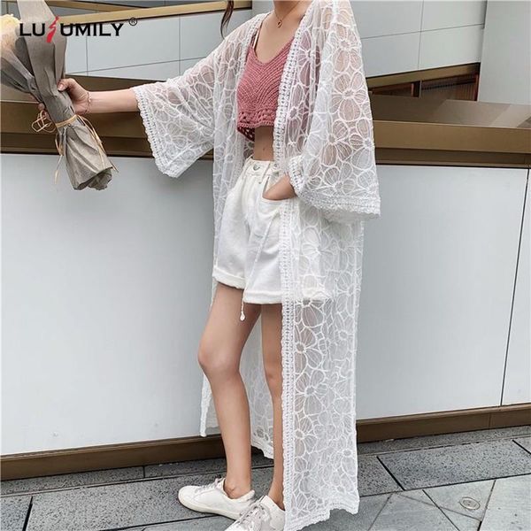 

women's swimwear lusumily 2021 summer fashion bikini cover-ups beach sarong white lace long kimono cardigan casual women wear swim skir, White;black