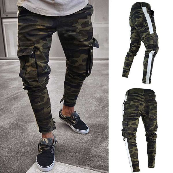 Mens Cargo Calças Denim Calças De Jeans Calças Slim Fit Streetwear Hip-Hop Casual Outono Plissado Camuflagem Stretch Sportwear X0621