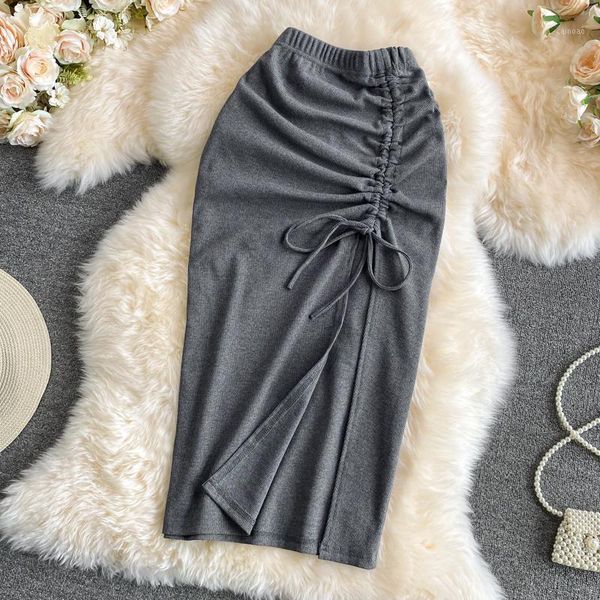 

skirts summer 2021 korean female retro high waist slim skirt fashion women solid versatile elastic drawstring split buttock, Black