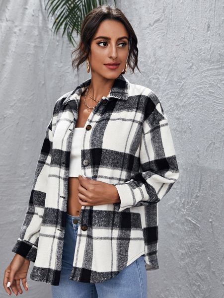 

drop shoulder curved hem plaid coat u9ll#, Black
