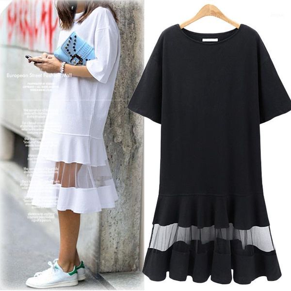 

summer fashion loose short sleeve skirt large women's screen perspective dress two piece, White