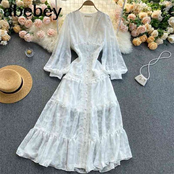 

v-neck lace long puff sleeve cross femme dresses elegant solid maxi dress club wear vestidos a line robe 210715, Black;gray