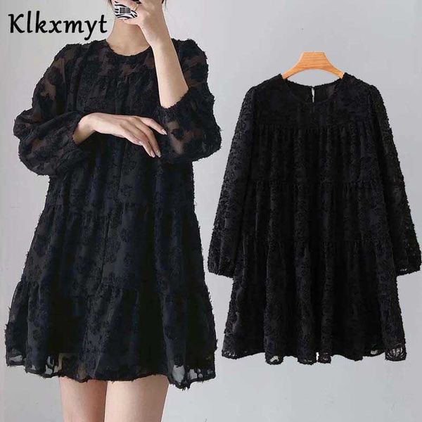 

klkxmyt za women chic fashion loose texture translucent mini dress vintage long sleeve with linning female dresses vestidos 210527, Black;gray
