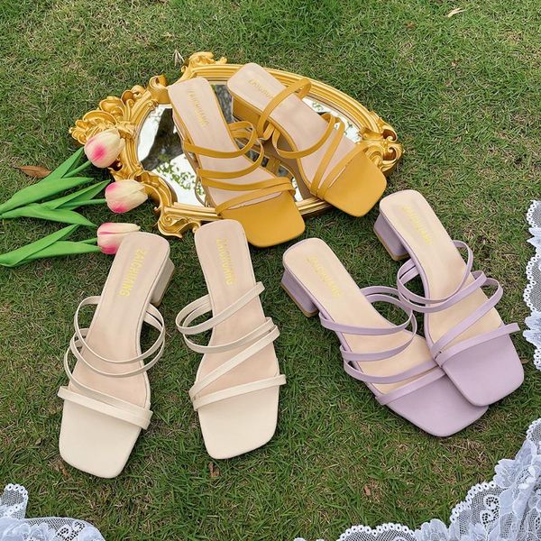

slippers 2021 summer sandals women low heel slip on slides square heels slipper brand narrow sandal flip flops casua, Black