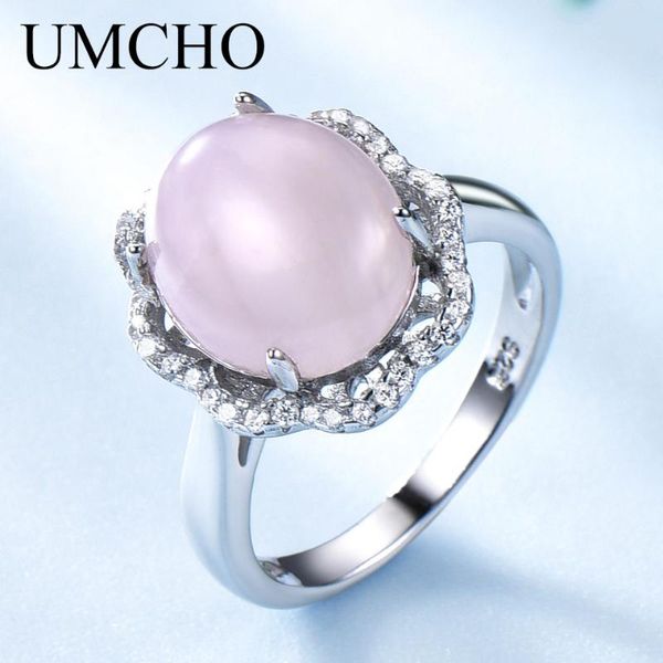 Ringos de cluster UmCHO Natural Rose Quartz Solid Real 925 Sterling Silver Jewelry Gemstone Pink para mulheres Presentes de casamento Fine bem