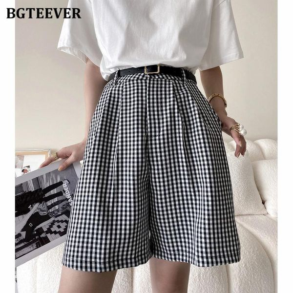 

women's shorts bgteever vintage belted high waist women plaid 2021 summer casual loose pockets female wide leg, White;black