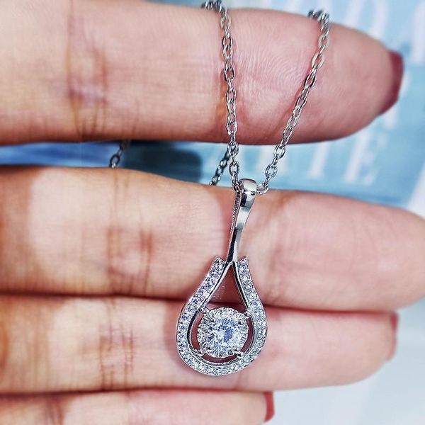 

charm rose gold silver color chain necklace female cute water drop pendant white zircon round stone necklaces for women