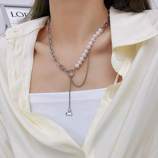 

pendant necklaces orztoon korean version titanium steel pearl necklace female hip hop niche design sense cuban chain cherry clavicle jewelry, Silver