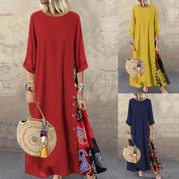 

casual dresses boho women mid sleeve o-neck long maxi kaftan dress summer autumn female straight loose sundress plus size -5xl, Black;gray