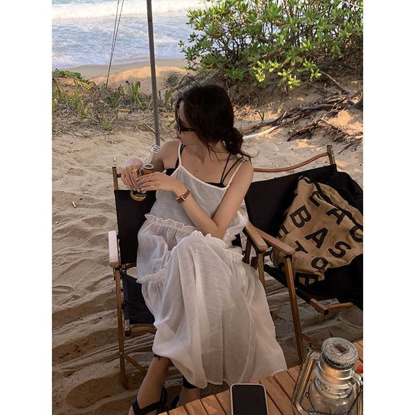 

[huang zheng] gauze perspective white suspender skirt for women, White;black