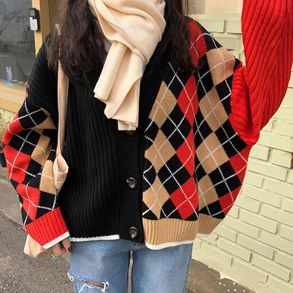 

women's jackets autumn argyle plaid knitted cardigan v-neck patchwork geometric panelled female sweaters trend korean lady sweate, Black;brown