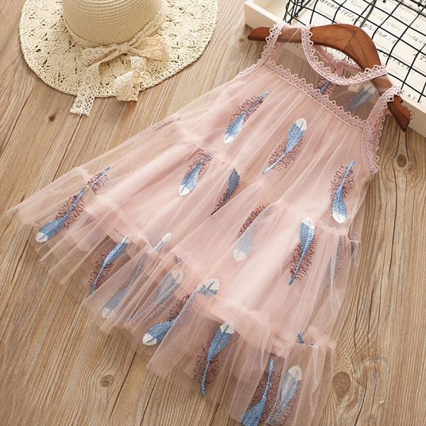 

40 kids clothes baby girl dresses sleeveless round neck feather embroidery mesh dress tulle princess vestidos, Red;yellow