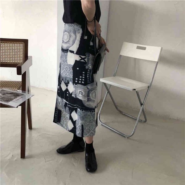 

vintage all match elegance retro arrival chic office lady women high waist printed gentle long split skirts 210421, Black