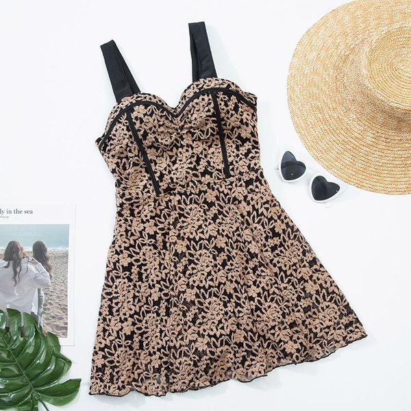 

one-piece suits one piece swimsuit bathing suit swimwear full women push up padded korean lace gold swimdress beach with skirt high qua