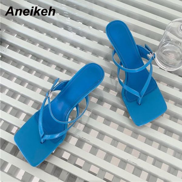 

aneikeh ladies shoes summer fashion 2021 zapatos de mujer thong slippers pu spike heels concise shallow buckle solid outside, Black