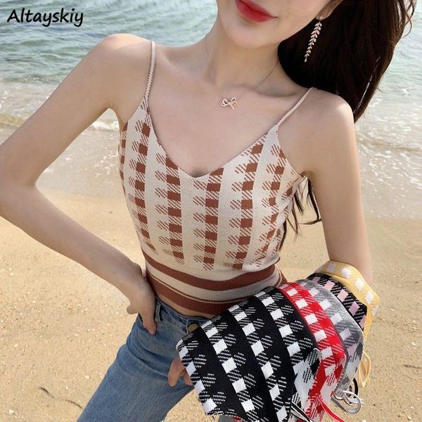 

women's tanks & camis camisole women korean fashion plaid crop slim fit spaghetti strap sleeveless ins summer beachwear college vi, White