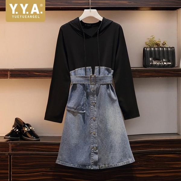 

denim patchwork dress leisure vintage elegant slim fit hooded woman sashes knee-length preppy style plus size 5xl casual dresses, Black;gray