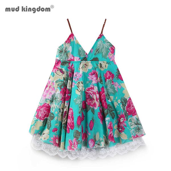 Mudkingdom Butik Çiçek Kız Elbise Yaz Tatil Kız Spagetti Kayışı Elbise Plaj Çiçek Şifon Çocuk Giysileri 210615