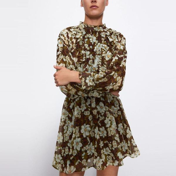 

ruffle print chiffon dress women long sleeve o-neck elegant mini dresses woman fashion elastic waist back opening casual, Black;gray