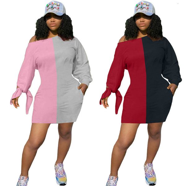 

contrast color dresses casual lace up long sleeve sloping shoulder loose dress women designer clothes, Black;gray