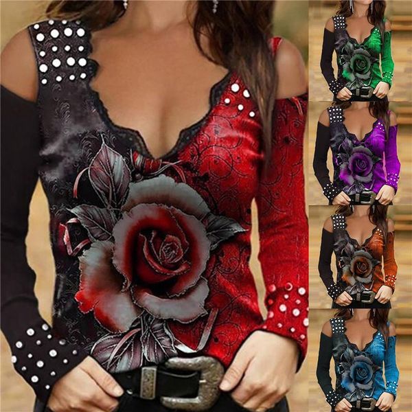 

women's t-shirt women v neck cold shoulder shirts rose print long-sleeved fashion casual loose clothing, White