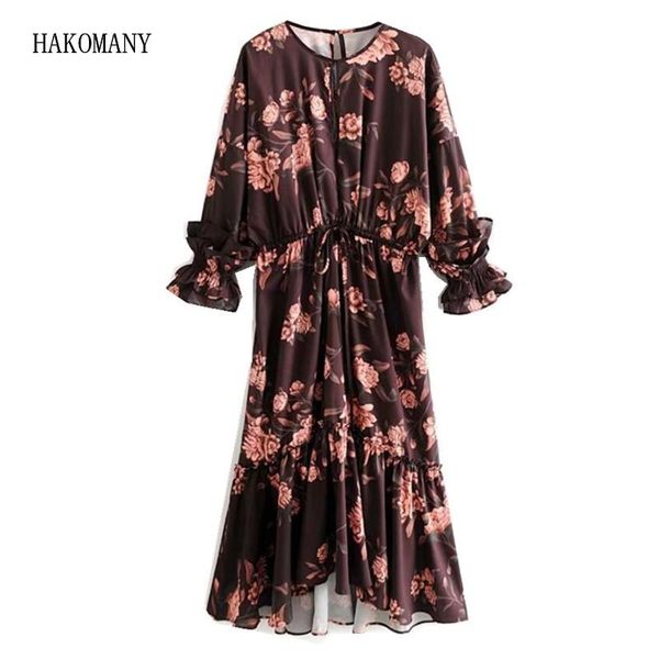 

casual dresses 2021 women brown flower print long sleeve dress vintage drawstring lacing up tie bow waist asymmetric, Black;gray