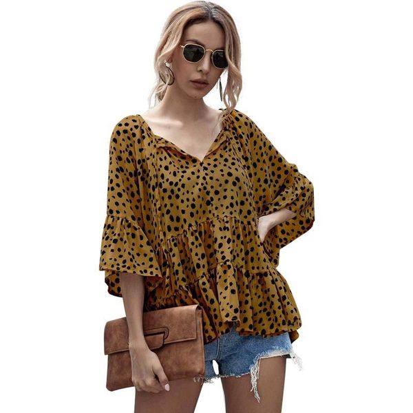 

women's blouses & shirts summer chiffon leopard print flare sleeve folds ruffle patchwork women elegant street wear plus size blouse, White