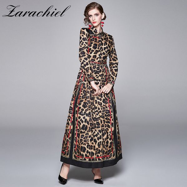 Modedesigner Runway Chain Leopard Print Damen Umlegekragen Langarm Vintage Hohe Taille Party Maxikleid 210416