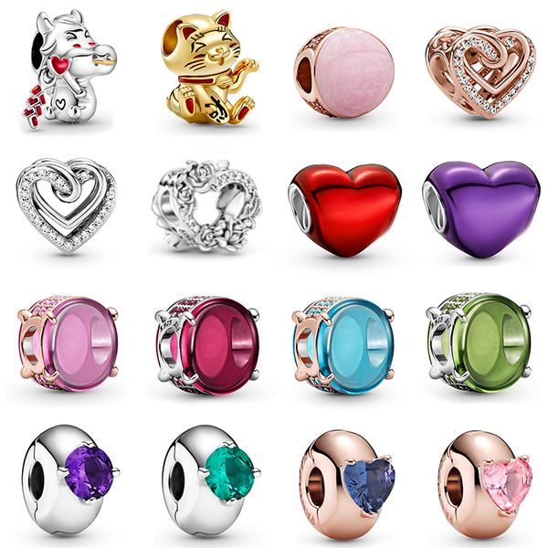 Lose Perlen aus 925er Silber für Pandora-Armbänder, Damen-DIY-Schmuck, Herzen, Edelsteine, Top-Qualität, mit Original-Beutel